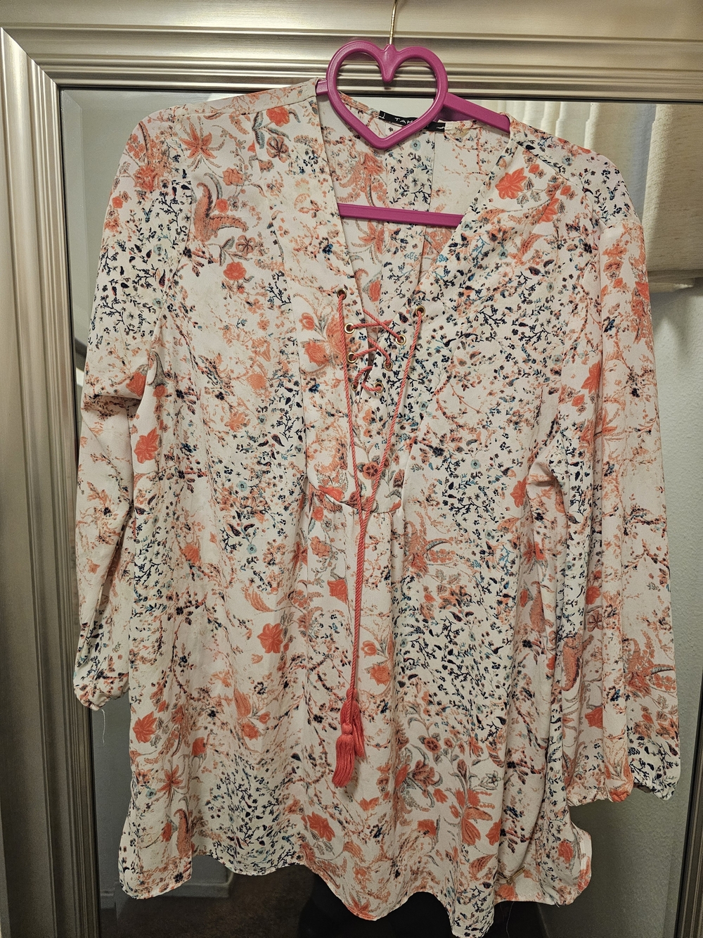 Tahari Cream Floral Lace-Up Blouse with Coral Accents